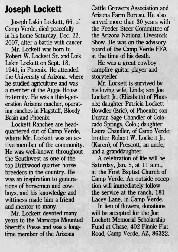Obituary for Joseph Lakin Lockett, 1941-2007 (Aged 66)